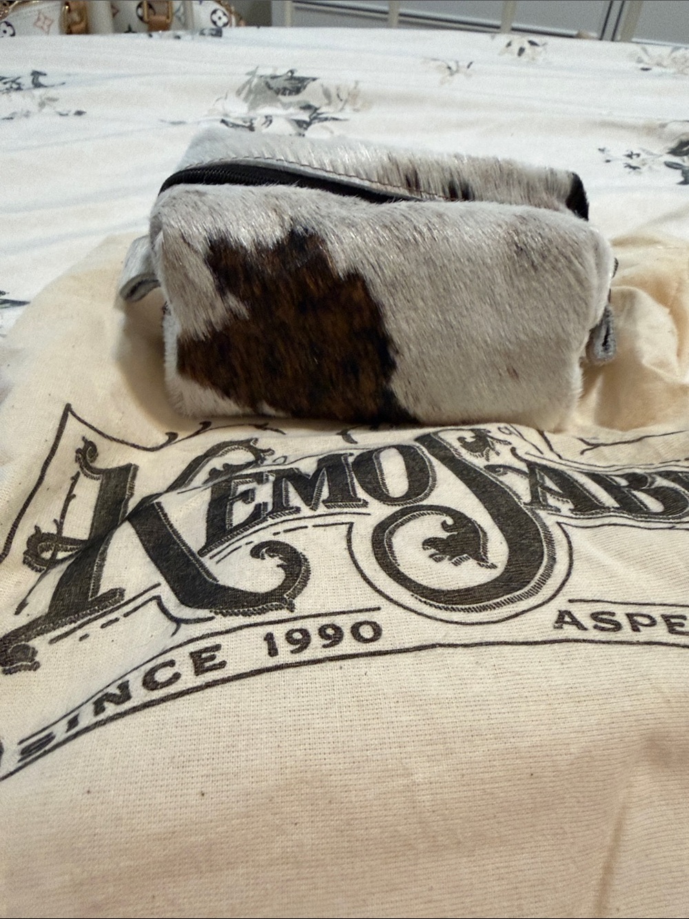 Hair-On Hide Zip Pouch in White and Brown from the famous KemoSabe in Aspen, CO